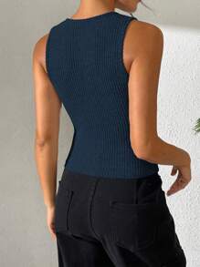 Chiquease Women Casual Fitted Rib-Knit Tank Top With Slit Back - Navy Blue - View 2