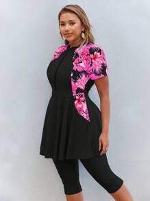 Swim Mulvari 2pcs/Set Plus Size Women Conservative Zip Front Round Neck Cinched Waist Middle East Style Casual Holiday Burkini Swimwear,Summer Outfits For Women,Bathing Suit