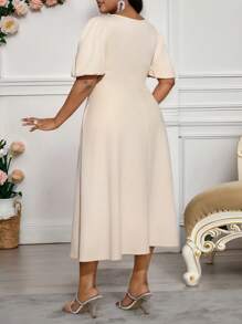 Fleurora 春夏优雅通勤办公室卡其色针织圆领喇叭泡泡袖中长短袖大码连衣裙女士办公室服装女士连衣裙优雅女士夏季服装