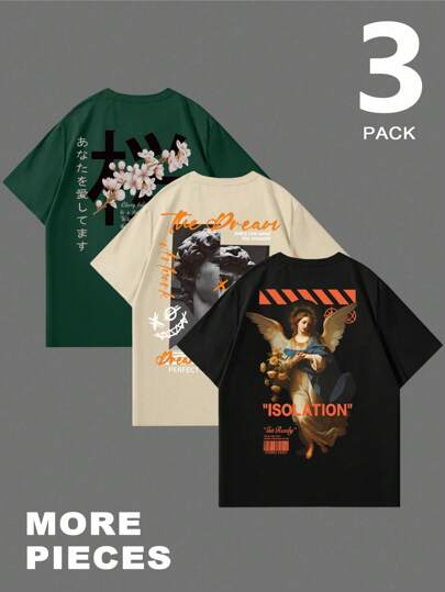 GENIUS ODE 3pcs Men Summer Letter Graphic Loose Casual Tee Crew Neck Short Sleeve T-Shirts, For Friends