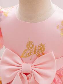 女婴夏季优雅蝴蝶图案欧根纱短袖派对连衣裙 - 粉色 - 查看 6