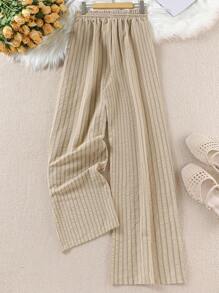 SHEIN LUNE Plus Size Women Striped Self-Tie Waist Wide Leg Casual Pants,Business Casual Woman - Coffee Brown - View 2