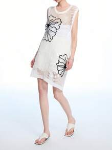 LYSMO Ladies Sleeveless Sweater Dress With Floral Embroidered Hollow-Out Design - White - View 8