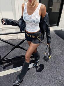 SHEIN Essnce 女士性感蕾丝V领白色夏季背心 - 白色 - 查看 3