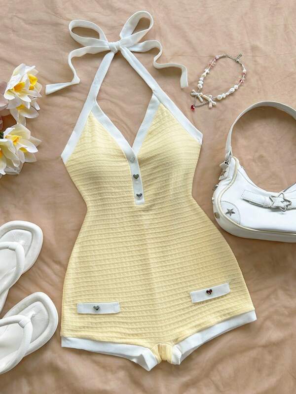 Soleia Women's Casual Vacation Western Beach Wedding Elegant Cream Yellow Contrast Backless Halter Jumpsuit, Spring/Summer