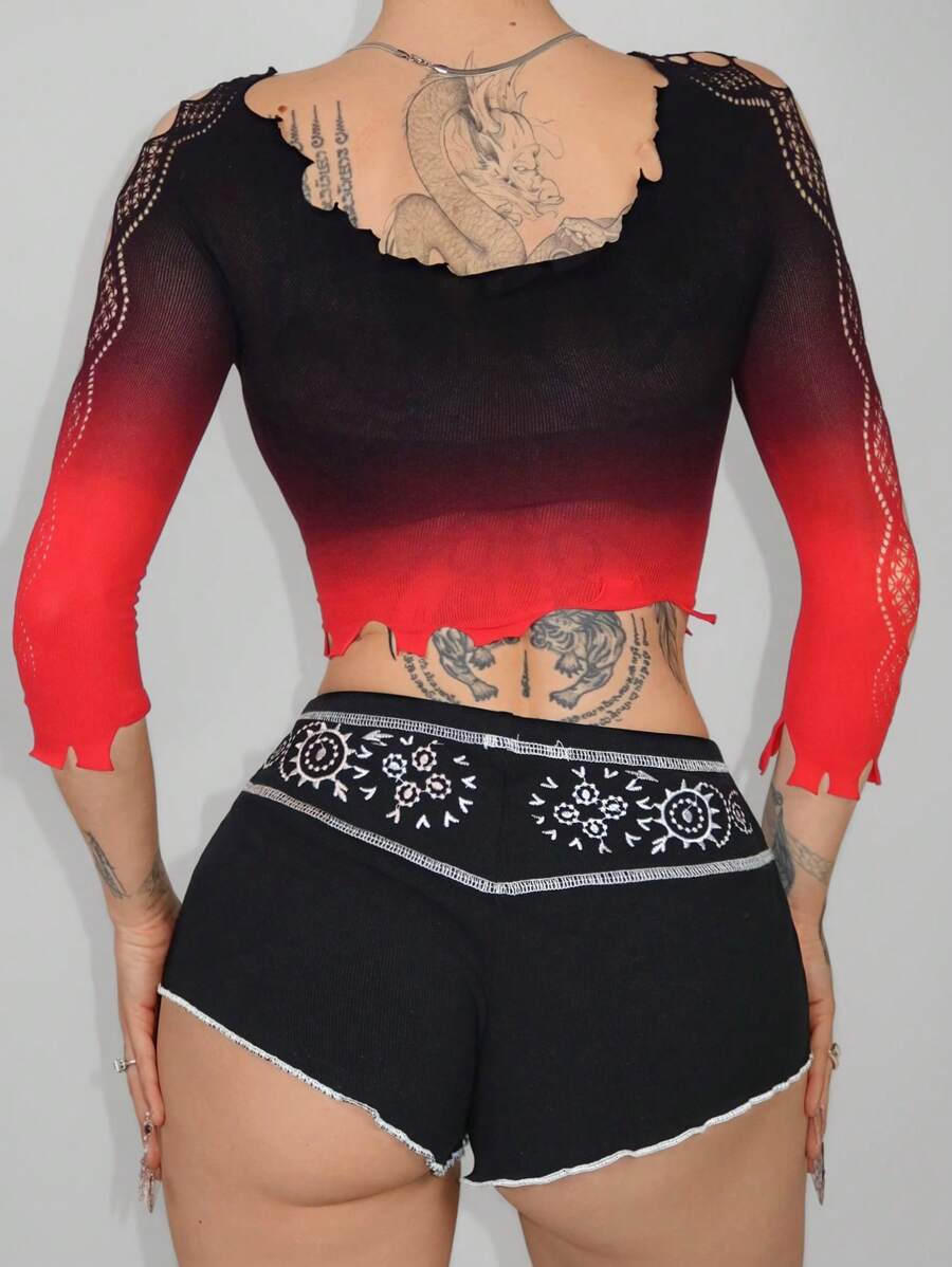 EgrlEra Women's Contrast Trim Vintage Floral Embroidery Knit Shorts, Fashion Summer - Black - View 1