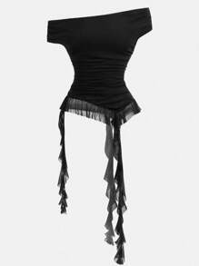 SHEIN Girlism 青少年女孩服装休闲音乐节露肩网眼荷叶边不对称下摆上衣 - 黑色 - 查看 2