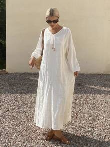 Livesso Summer New Loose Casual Linen Style Women Beach Dress - White - View 1