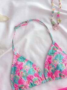 SHEIN 少女三件套粉色贝壳印花泳衣背心 INI 套装度假海滩风格 - 粉色 - 查看 3