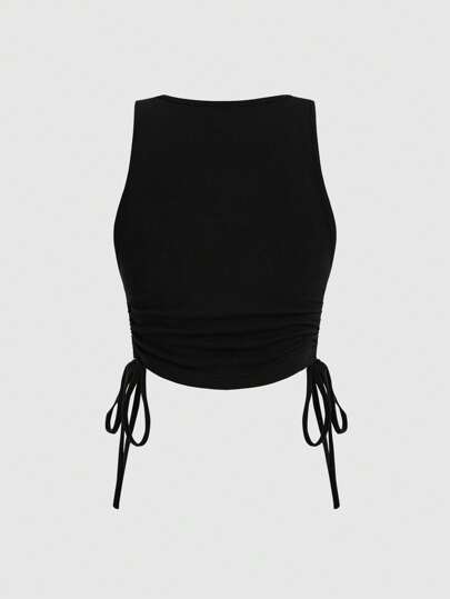 Hippie Plus Size Summer Casual Sun Embroidery Drawstring Side Tank Top
