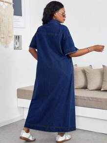 SHEIN Lady 大码休闲牛仔连衣裙，蓝色，短袖 - 深色水洗藍 - 查看 4