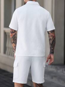 Manfinity Homme Men's Short Sleeve Polo Shirt And Cargo Shorts Set, Fashionable For Summer Men 2 Pieces Set - White - View 2