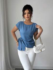 Selianne 休闲通勤百搭度假简约宽松圆领蝙蝠短袖不对称下摆设计柔软质感材质蓝色女衬衫夏季上衣女夏装夏季衬衫夏装女优雅上衣 - 藍色 - 查看 7