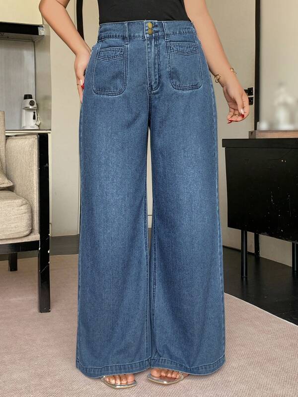 Dazy Plus Solid Color Washed Wide Leg Loose Fit Jeans With Fake Pockets, All Season
