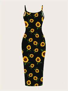 SHEIN EZwear Casual Minimalist Full Print Sunflower Pattern Slim Fit Camisole Maxi Dress, Suitable For Summer,Bohemian Clothes Chic Dress - Multicolor - View 2