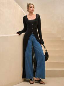 RueChic WOMEN CROCHET KNIT BUTTON-UP MAXI DRESS CREAM - Cream - View 7