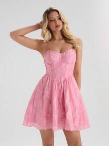 Glamine Romantisches Frühlings- und Sommer-Jacquard-Fischgräten-Brustbecher-Einfarbenes-Cami-Mini-Kleid für Damen - Pink - Übersicht 7