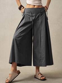 Bohemela 女士纯色宽松休闲阔腿裤，度假风格 - 灰色 - 查看 4