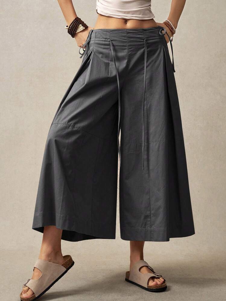 Bohemela Calça Casual Larga Sólida e Solta para Mulheres, Estilo de Férias - Cinza - Visão 4