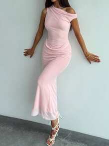 Aloruh Robe élégante pour femmes avec col asymétrique drapé de couleur unie