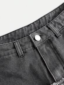 SHEIN Girlism Pantalones vaqueros anchos de pierna ancha, cintura baja, con estampado de estrellas en patchwork, flecos y bolsillos sesgados con dobladillo deshilachado, pantalones de moda Y2K para adolescentes