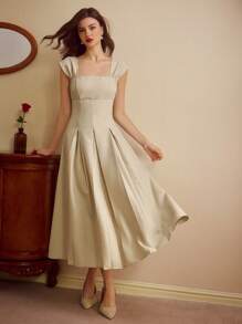 Vintamour 复古优雅女式宽肩带荷叶边连衣裙，修身，春夏婚礼宾客礼服，女士夏季连衣裙，节日服装，毕业礼服，度假服装，女士节日服装，女士商务休闲服装，女士教师服装 - 米色 - 查看 7