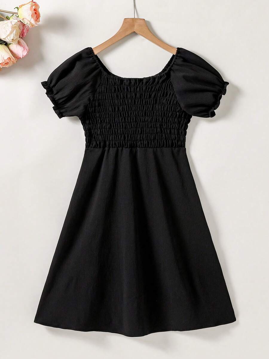 1pc Young Girls Black Casual Dress, Comfortable & Versatile Design Suitable For Daily Wear, Outdoor Activities, Commuting, School, Spring/Summer - Black - View 1