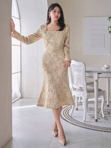 DAZY 1 chiếc đầm nữ màu trơn, họa tiết hoa, cổ vuông, dài ngang gối, thích hợp cho hẹn hò, đầm thu, đầm tay dài, đầm maxi. - Màu be - Xem 6