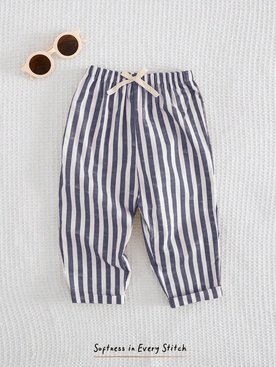 Cozy Pixies Baby Boy Colorful Striped Elastic Waist Casual Pants, Comfortable And Versatile - Blue and White - View 1