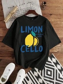 Manfinity Hypemode Camiseta ajustada de cuello redondo con gráfico de letras y limón para hombre, para el verano