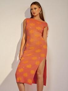 COSMINA Robe pull fendue jusqu'à la cuisse avec col asymétrique et imprimé graphique pour femme - Orange brûlé - Voir 4
