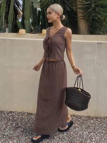 Livesso Bộ 2 chiếc áo yếm và váy vải lanh thường ngày cho nữ, Xuân/Hè - màu nâu - Xem 5