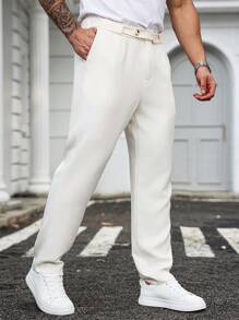 Manfinity Homme Plus Size Men's Casual Business Simple Solid Slant Pocket Suit Pants - Apricot - View 3