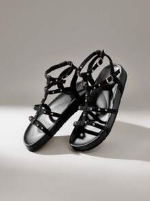 Solecia Giày sandal đế bằng buộc dây hở mũi thời trang nữ, màu nâu, thoải mái cho kỳ nghỉ xuân/hè - màu đen - Xem 6