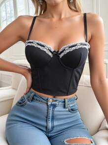 SHEIN 1 pièce Soutien-gorge avec armature, décoration de nœud papillon en dentelle contrastante pour femmes - Noir - Voir 5