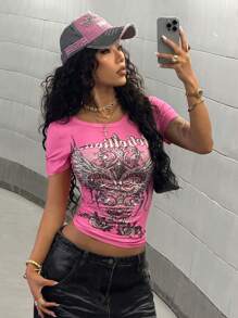 StreetHx Women's Spring/Summer Fuchsia Gothic Printed Rhinestoned Fitted Streetwear Y2K Punk Printed Vacation Short Sleeve T-Shirt