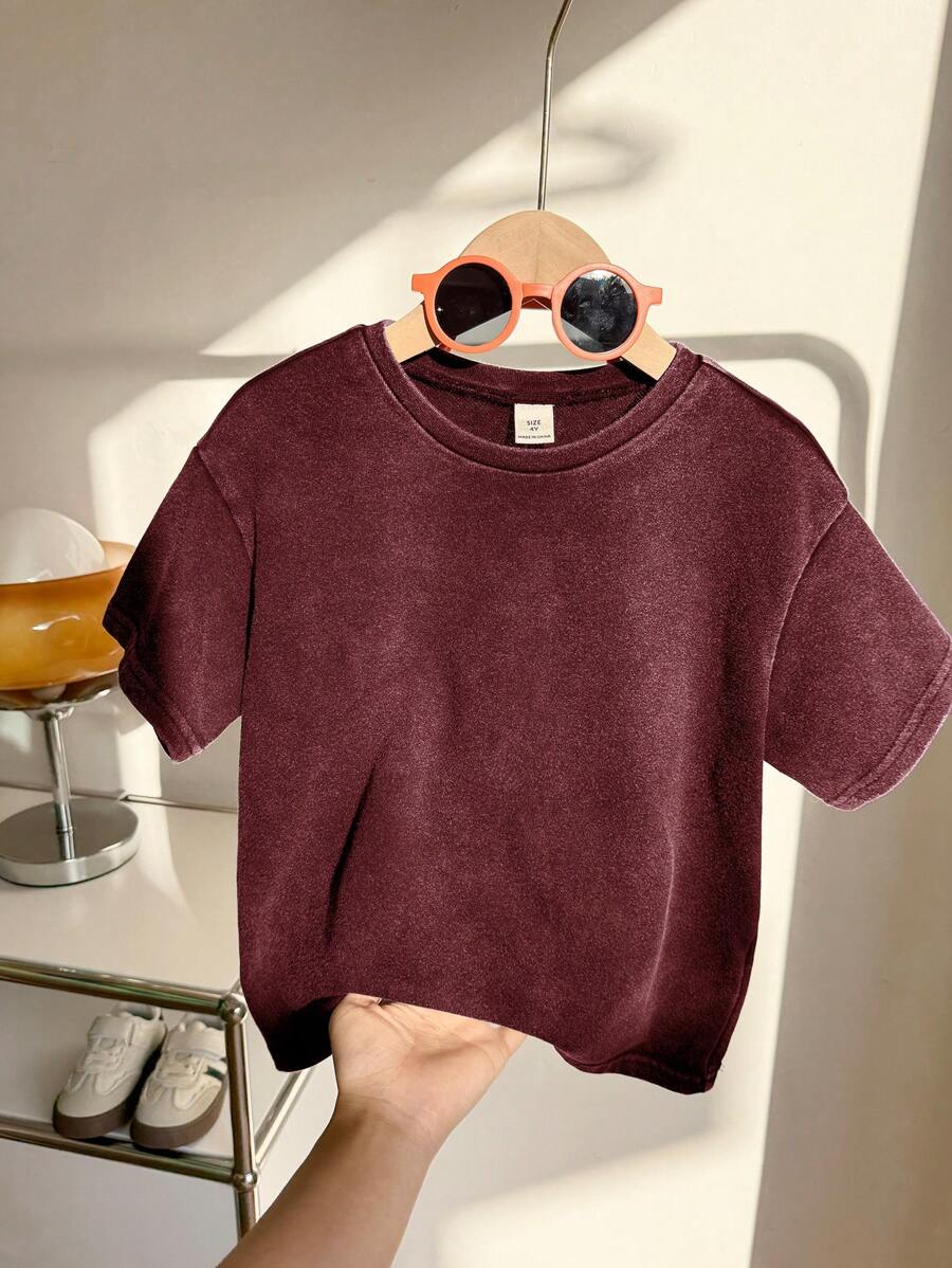 SHEIN 1 Piece Young Boy Casual Sports Academy Japanese And Korean Loose Fit Water-Washed Soft Comfortable Round Neck T-Shirt Suitable For Kids Young Boy Back To School Suitable For Birthday Parties, Parties, Performances, Weddings, Baptisms, Back To School Daily Suitable For School Suitable For Travel Suitable For Sports Suitable For Spring And Summer - Burgundy - View 1