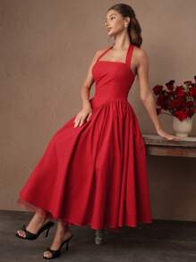 Savoree Women's Red Halter Neck Flared Mini Dress, Slim Fit European And American Style