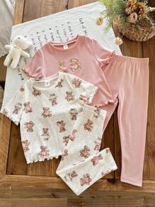 SHEIN Leap Crew 4pcs Young Girl Cute Cartoon Bear Pattern Round Neck Short Sleeve Top And Long Pants Ribbed Knit Soft Lounge Pajama Set - Multicolor - View 1