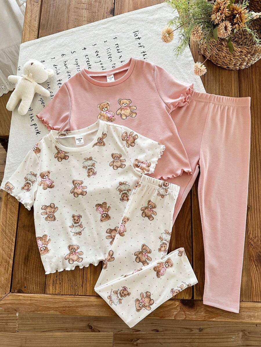 SHEIN Leap Crew 4pcs Young Girl Cute Cartoon Bear Pattern Round Neck Short Sleeve Top And Long Pants Ribbed Knit Soft Lounge Pajama Set - Multicolor - View 1