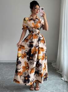 Modelyn Đầm xòe xếp ly cổ sơ mi tay bồng buộc eo cho nữ, Đầm dự tiệc thanh lịch lãng mạn - Nhiều màu - Xem 1