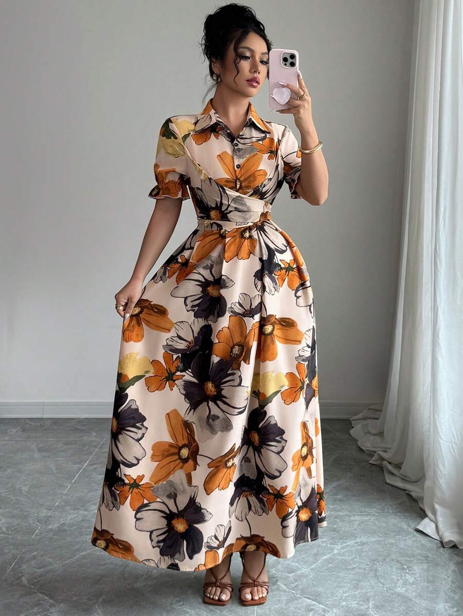 Modelyn Đầm xòe xếp ly cổ sơ mi tay bồng buộc eo cho nữ, Đầm dự tiệc thanh lịch lãng mạn - Nhiều màu - Xem 1