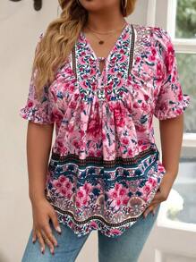 EMERY ROSE Plus Size Bohemian Style Casual Positioning Printed Shirt, Vacation - Pink - View 3