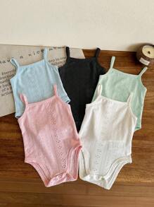 SHEIN LMoss Kids Bộ 5 món/bộ áo liền quần dệt kim không tay màu trơn dễ thương cho bé gái sơ sinh mùa hè - Nhiều màu - Xem 2