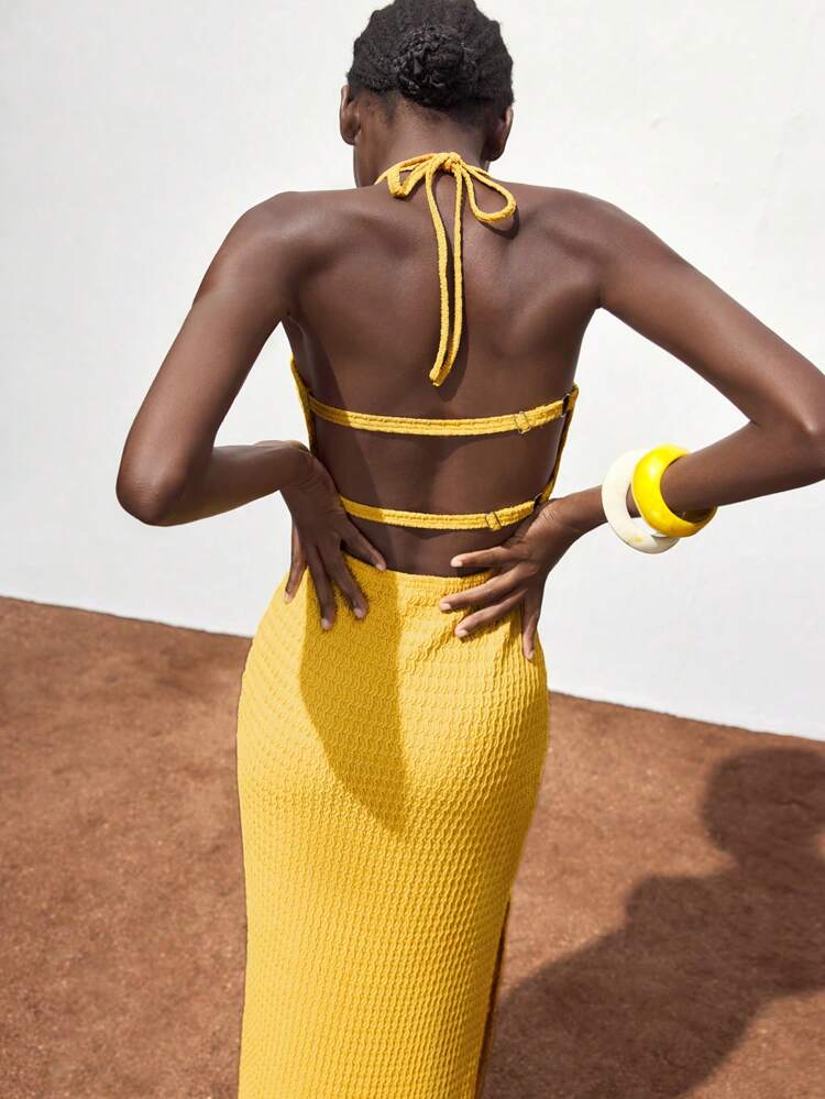 SHEIN Maija 2025 Summer New Cream Yellow Wavy Textured Knit Adjustable Spaghetti Strap Open Back Design Hem Beaded Fringe Midi Dress, Elegant For Commute, Daily, Romantic, Casual, Beach, Party, Wedding Guest, Music Festival, Independence Day, Graduation