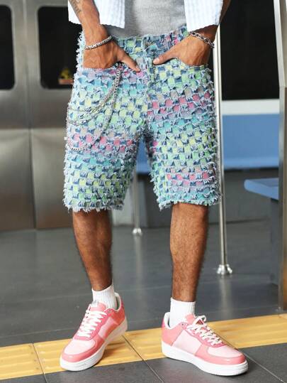 PAVTROS Manfinity Streetrush Men's Streetwear Color Frayed Edge Raw Edges Distressed Pockets Loose Fit Wide Leg Denim Jorts Street Hang Out College