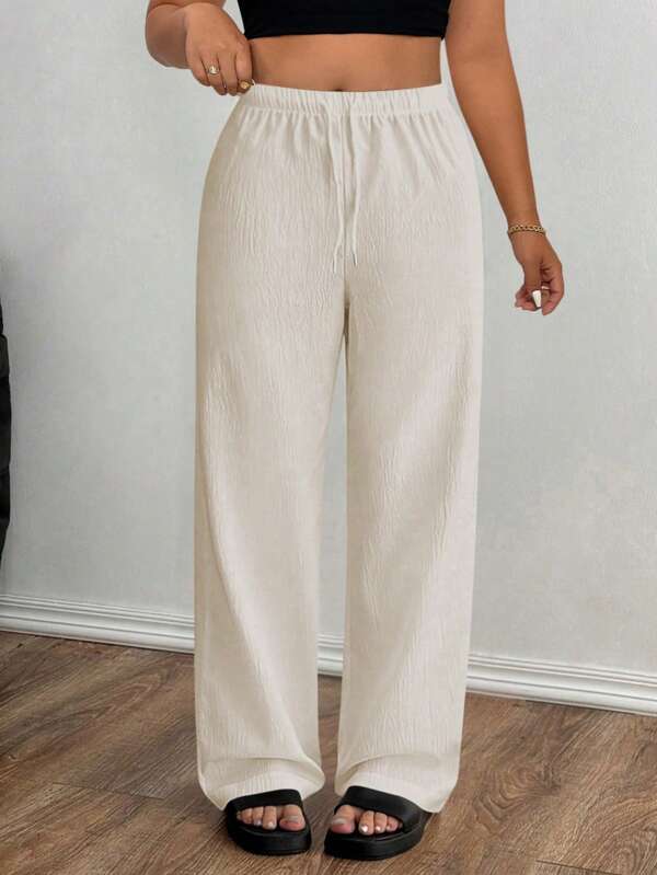 SHEIN PETITE Pantalones rectos informales sueltos de unicolor con cordón en la cintura para mujer talla grande