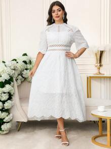 SHEIN Clasi Elegantes Kleid mit Stickerei und Kurzarm in Große Größen für Damen - Weiss - Übersicht 4
