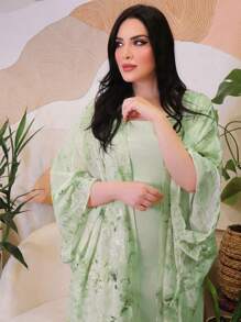 Modelyn 花卉印花长袖夹克和纯色连衣裙阿拉伯风格套装，适合女士，端庄 - 綠色 - 查看 10