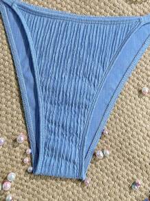 Swim Mod Women Solid Jacquard Fabric Tie Side Shell Decor Sexy Bikini Bottoms - Blue - View 4